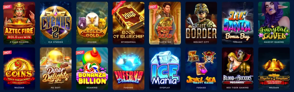 An image depicting a colorful and lively array of slot machines from Bluechip Casino. It could feature a variety of popular slot games, each with its unique theme and design, displayed on a background that resembles a bustling casino floor. The image captures the excitement and variety of slot games available at Bluechip Casino.