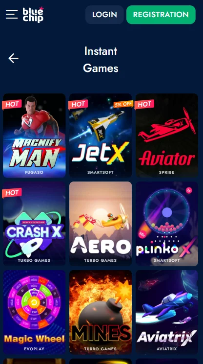 Various casino games available in the Bluechip Android app, showcasing slot machines, roulette, and card games.